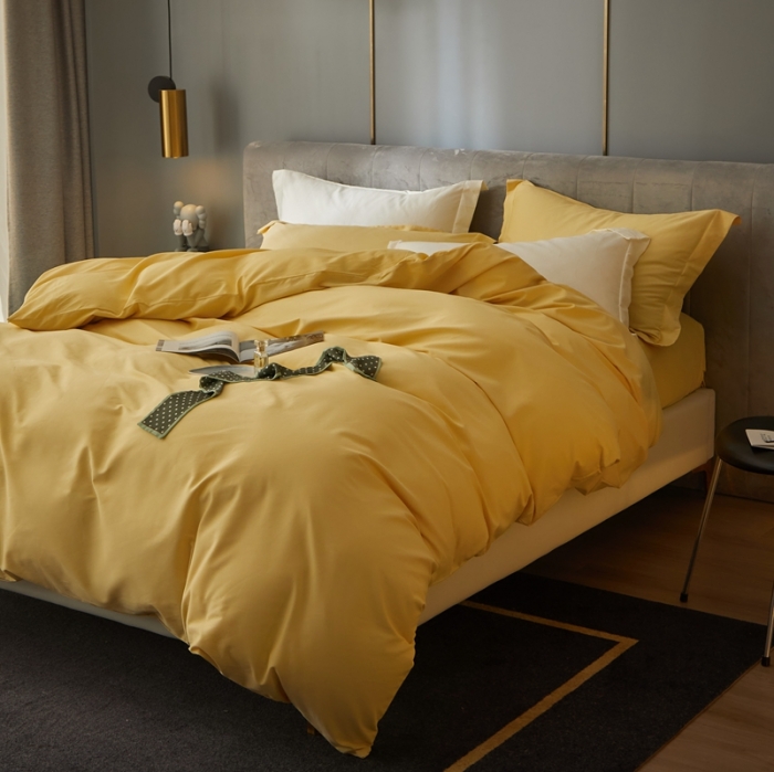 91家纺网 家纺一手货源 找家纺 涞澳家纺 2021新款50支磨绒纯色四件套-风格一 奇黄