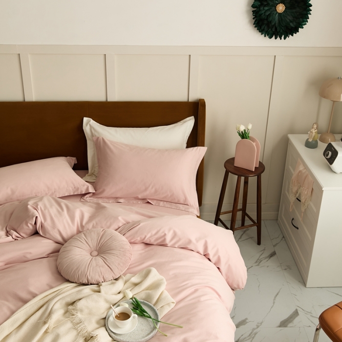 91家纺网 家纺一手货源 找家纺 涞澳家纺 2021新款50支磨绒纯色四件套-风格二 夹心粉