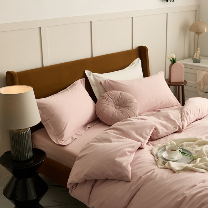 91家纺网 家纺一手货源 找家纺 涞澳家纺 2021新款50支磨绒纯色四件套-风格二 夹心粉