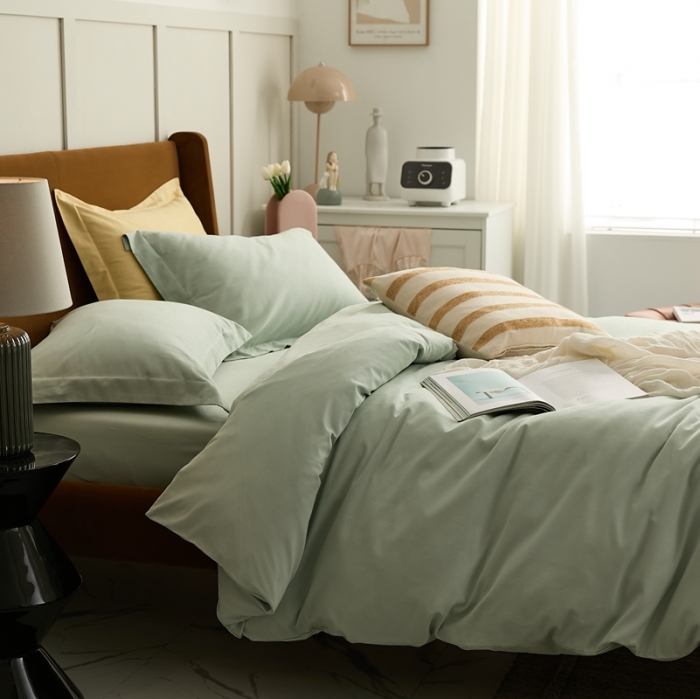 91家纺网 家纺一手货源 找家纺 涞澳家纺 2021新款50支磨绒纯色四件套-风格二 泡沫绿