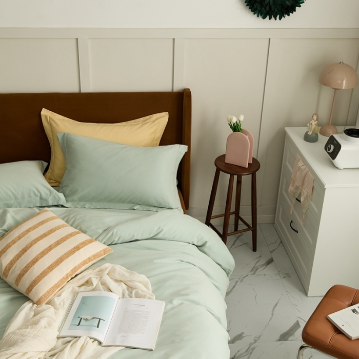 91家纺网 家纺一手货源 找家纺 涞澳家纺 2021新款50支磨绒纯色四件套-风格二 泡沫绿