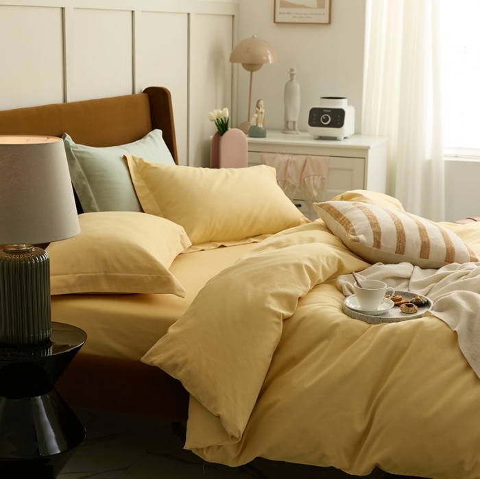 91家纺网 家纺一手货源 找家纺 涞澳家纺 2021新款50支磨绒纯色四件套-风格二 奇黄