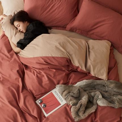 涞澳家纺 2021新款50支磨绒双拼四件套 暗红琥珀