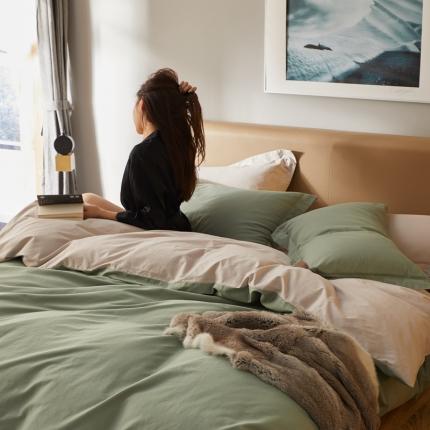 涞澳家纺 2021新款50支磨绒双拼四件套 澡绿灰