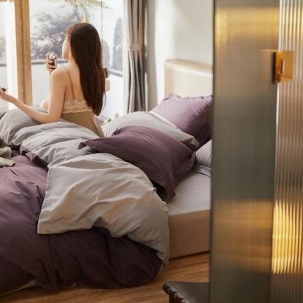 涞澳家纺 2021新款50支磨绒双拼四件套 中紫灰