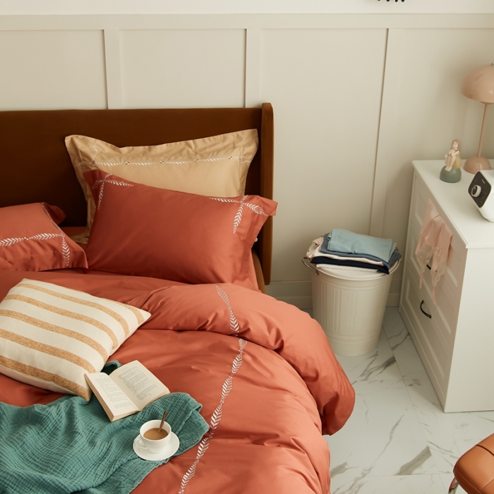 91家纺网 家纺一手货源 找家纺 涞澳家纺 2021新款50支全棉绣花四件套 似锦-橙