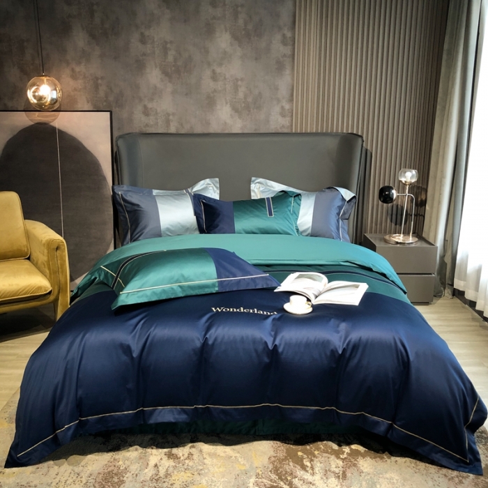 91家纺网 家纺一手货源 找家纺 涞澳家纺 2021新款100支全棉长绒棉工艺款四件套-安迪 蓝绿