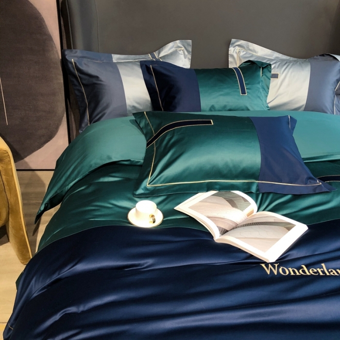 91家纺网 家纺一手货源 找家纺 涞澳家纺 2021新款100支全棉长绒棉工艺款四件套-安迪 蓝绿