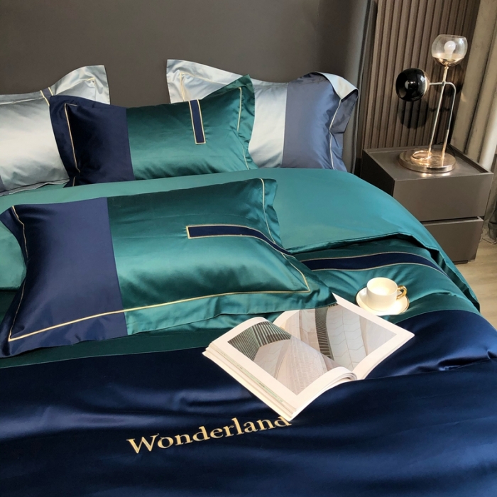 91家纺网 家纺一手货源 找家纺 涞澳家纺 2021新款100支全棉长绒棉工艺款四件套-安迪 蓝绿