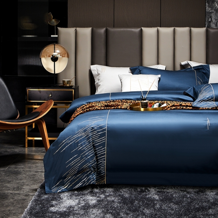 91家纺网 家纺一手货源 找家纺 涞澳家纺2021新款100支全棉长绒棉工艺款四件套-时光深蓝