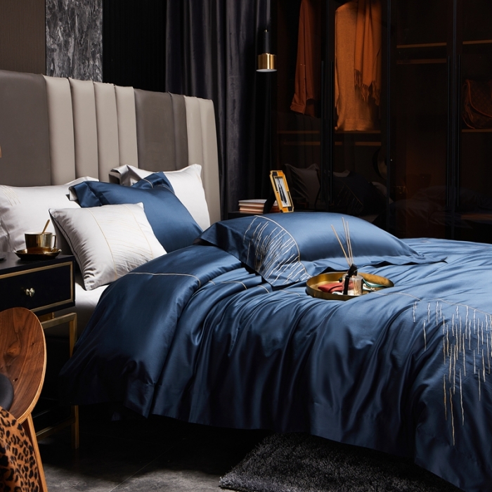 91家纺网 家纺一手货源 找家纺 涞澳家纺2021新款100支全棉长绒棉工艺款四件套-时光深蓝