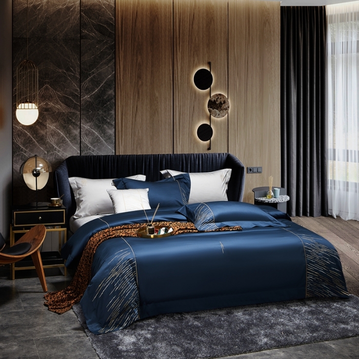 91家纺网 家纺一手货源 找家纺 涞澳家纺2021新款100支全棉长绒棉工艺款四件套-时光深蓝