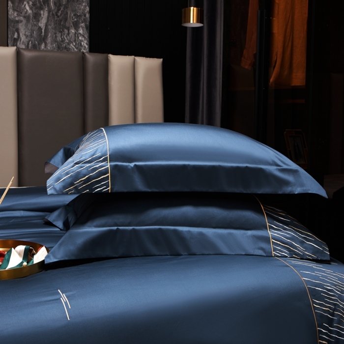 91家纺网 家纺一手货源 找家纺 涞澳家纺2021新款100支全棉长绒棉工艺款四件套-时光深蓝