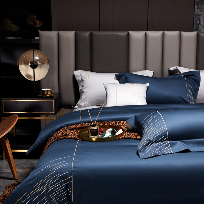 91家纺网 家纺一手货源 找家纺 涞澳家纺2021新款100支全棉长绒棉工艺款四件套-时光深蓝