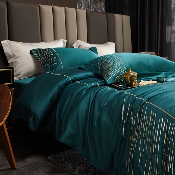 91家纺网 家纺一手货源 找家纺 涞澳家纺2021新款100支全棉长绒棉工艺款四件套-时光深绿