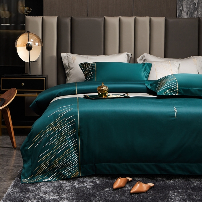 91家纺网 家纺一手货源 找家纺 涞澳家纺2021新款100支全棉长绒棉工艺款四件套-时光深绿