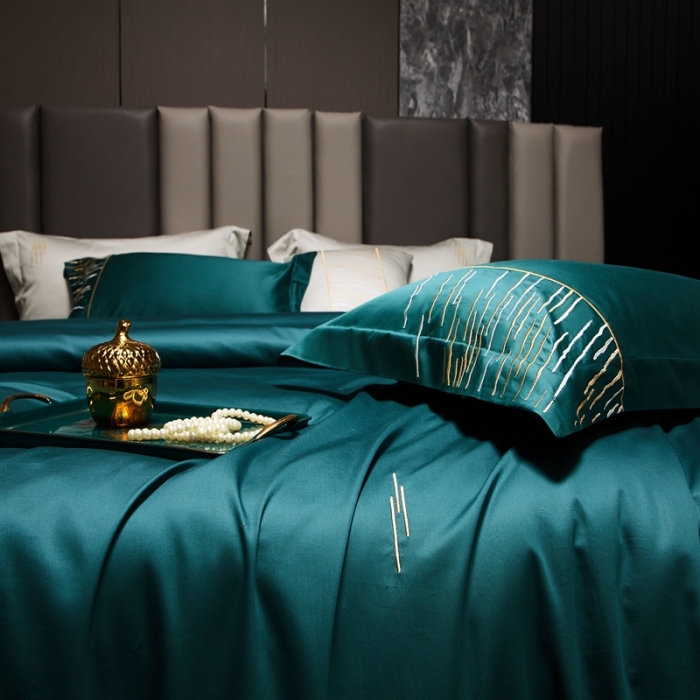 91家纺网 家纺一手货源 找家纺 涞澳家纺2021新款100支全棉长绒棉工艺款四件套-时光深绿