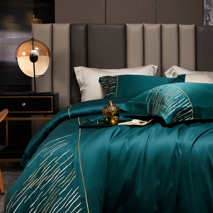 91家纺网 家纺一手货源 找家纺 涞澳家纺2021新款100支全棉长绒棉工艺款四件套-时光深绿