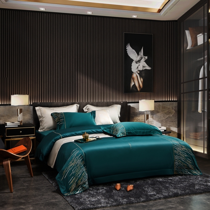 91家纺网 家纺一手货源 找家纺 涞澳家纺2021新款100支全棉长绒棉工艺款四件套-时光深绿