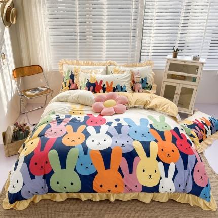 91家纺网 家纺一手货源 找家纺 卓尔居 2022新款220克婴儿绒花边款四件套 可爱兔