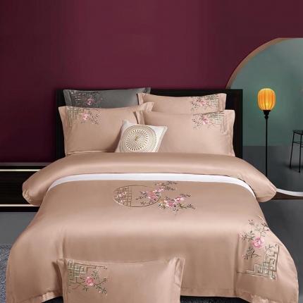 91家纺网 家纺一手货源 找家纺 浩情国际2026新款100S长绒棉高端刺绣四件套花之曼-驼色