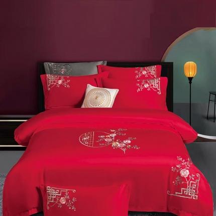 91家纺网 家纺一手货源 找家纺 浩情国际2026新款100S长绒棉高端刺绣四件套花之曼-大红