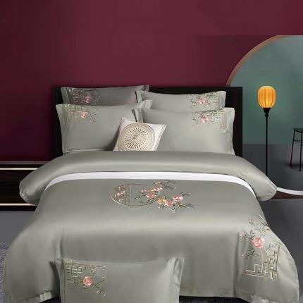 91家纺网 家纺一手货源 找家纺 浩情国际2026新款100S长绒棉高端刺绣四件套花之曼灰豆绿