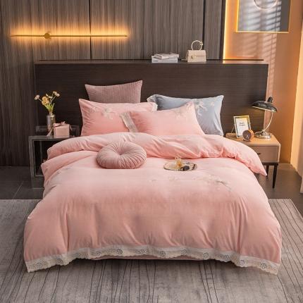 91家纺网 家纺一手货源 找家纺 （总）莎臣豹2025安妮蕾丝花边刺绣蝴蝶结高克重婴儿绒四件套