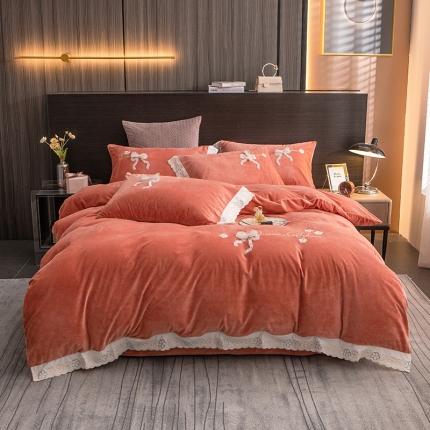 91家纺网 家纺一手货源 找家纺 （总）莎臣豹2025安妮蕾丝花边刺绣蝴蝶结高克重婴儿绒四件套