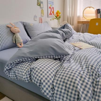 91家纺网 家纺一手货源 找家纺 优承佳 2023新款日系简约风格子磨毛四件套 蓝小格