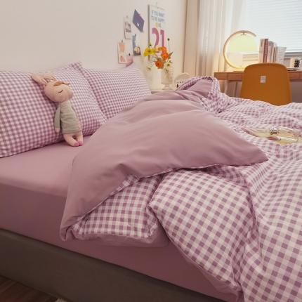 91家纺网 家纺一手货源 找家纺 优承佳 2023新款日系简约风格子磨毛四件套 紫小格