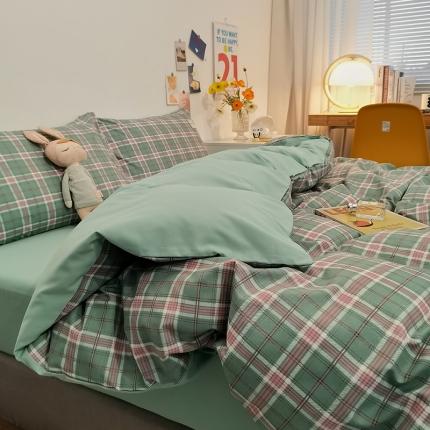 91家纺网 家纺一手货源 找家纺 优承佳 2023新款日系简约风格子磨毛四件套 青柠格