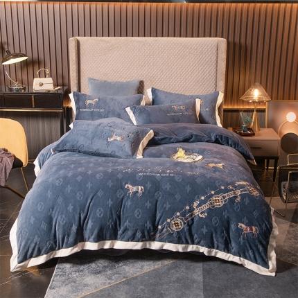 91家纺网 家纺一手货源 找家纺 （总）莎臣豹 2025新款德芙绒压花刺绣工艺款四件套-马德里