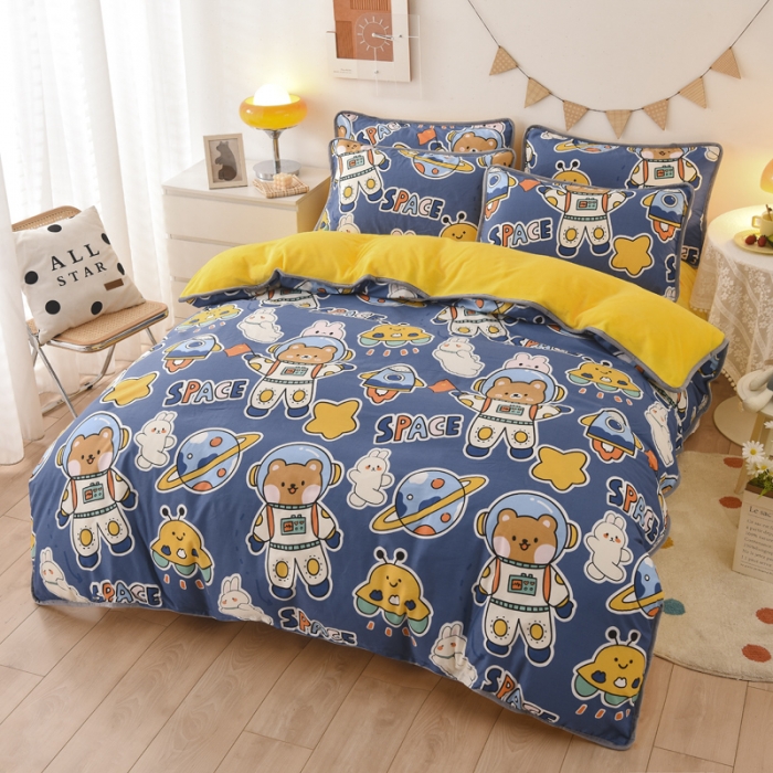 91家纺网 家纺一手货源 找家纺 琪琪阁 2021新款全棉+牛奶绒四件套 太空熊