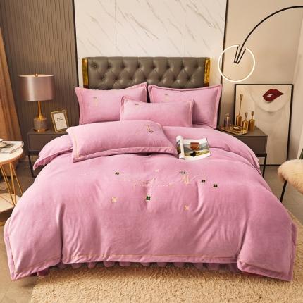 91家纺网 家纺一手货源 找家纺 菊上家纺 2021新款牛奶绒金色米兰系列-四件套 樱花粉