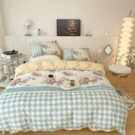 91家纺网 家纺一手货源 找家纺 昔可家纺 2021新款大版宝宝牛奶绒四件套 复古千鸟格花园