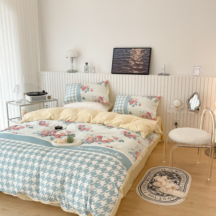 91家纺网 家纺一手货源 找家纺 昔可家纺 2021新款大版宝宝牛奶绒四件套 复古千鸟格花园