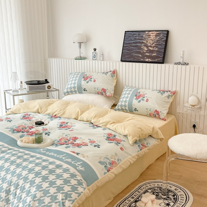 91家纺网 家纺一手货源 找家纺 昔可家纺 2021新款大版宝宝牛奶绒四件套 复古千鸟格花园