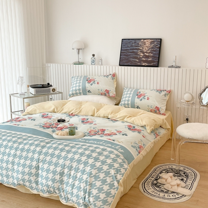 91家纺网 家纺一手货源 找家纺 昔可家纺 2021新款大版宝宝牛奶绒四件套 复古千鸟格花园