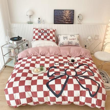 91家纺网 家纺一手货源 找家纺 昔可家纺 2021新款大版宝宝牛奶绒四件套 红色棋盘蝴蝶结