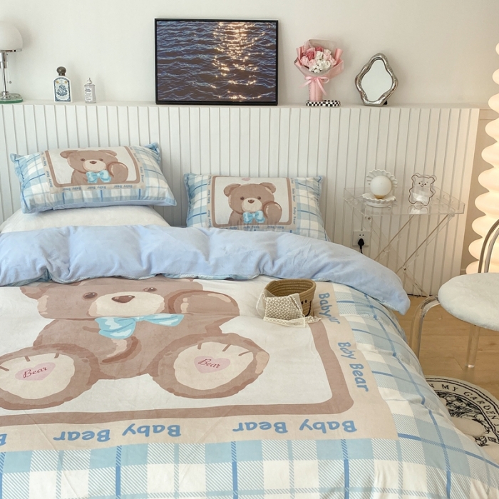 91家纺网 家纺一手货源 找家纺 昔可家纺 2021新款大版宝宝牛奶绒四件套 可爱小熊仔