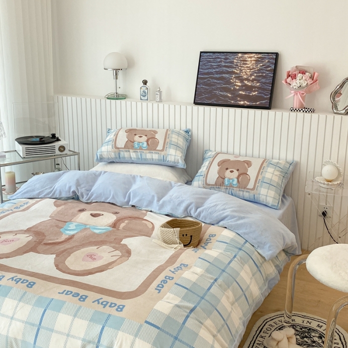 91家纺网 家纺一手货源 找家纺 昔可家纺 2021新款大版宝宝牛奶绒四件套 可爱小熊仔