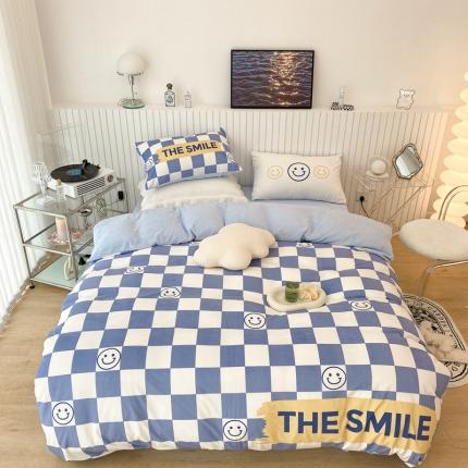 91家纺网 家纺一手货源 找家纺 昔可家纺 2021新款大版宝宝牛奶绒四件套 蓝色棋盘笑脸