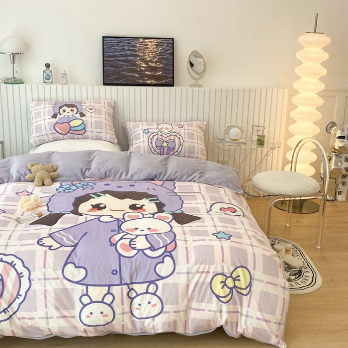 91家纺网 家纺一手货源 找家纺 昔可家纺 2021新款大版宝宝牛奶绒四件套 露露女孩