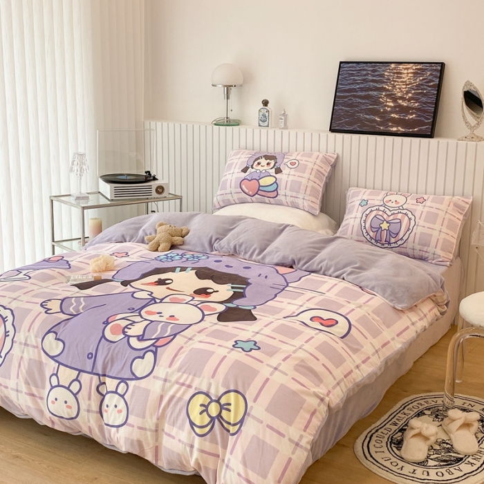 91家纺网 家纺一手货源 找家纺 昔可家纺 2021新款大版宝宝牛奶绒四件套 露露女孩