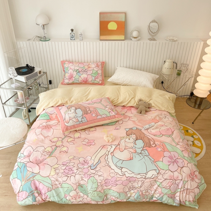 91家纺网 家纺一手货源 找家纺 昔可家纺 2021新款大版宝宝牛奶绒四件套 梦境少女