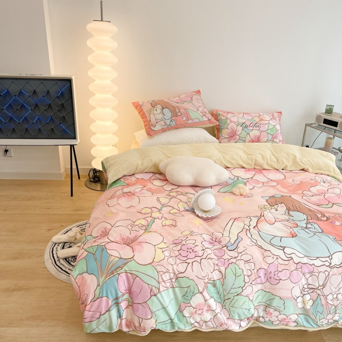 91家纺网 家纺一手货源 找家纺 昔可家纺 2021新款大版宝宝牛奶绒四件套 梦境少女