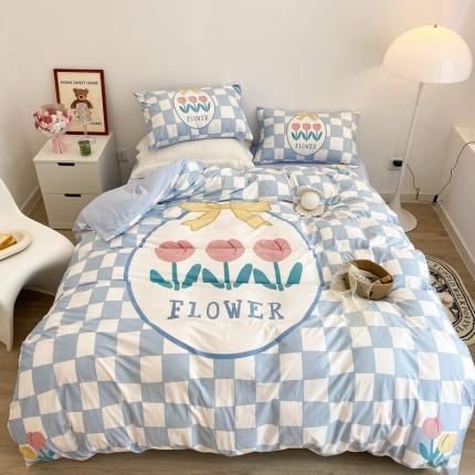 91家纺网 家纺一手货源 找家纺 昔可家纺 2021新款大版宝宝牛奶绒四件套 棋盘格花花