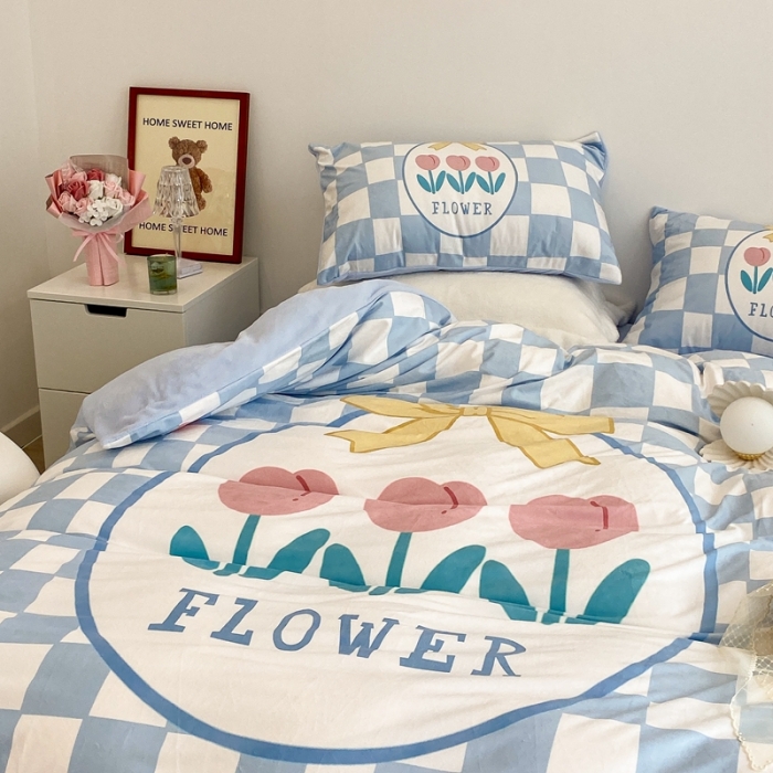 91家纺网 家纺一手货源 找家纺 昔可家纺 2021新款大版宝宝牛奶绒四件套 棋盘格花花