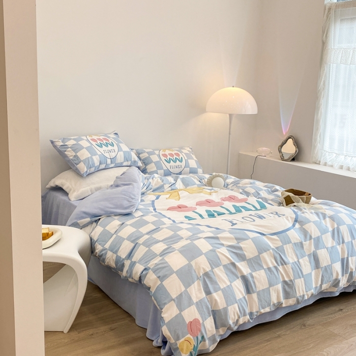 91家纺网 家纺一手货源 找家纺 昔可家纺 2021新款大版宝宝牛奶绒四件套 棋盘格花花